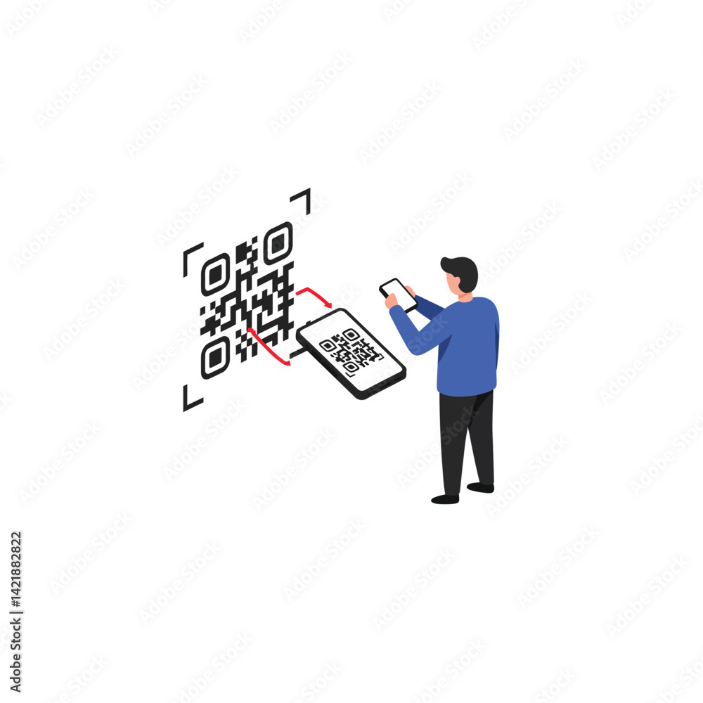 Poster man scanning qr code with smartphone digital technology concept illustration in simple style