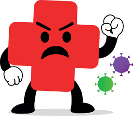The red plus sign vector and also some viruses around it. The plus sign is fighting the virus