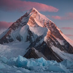 At dawn, the first light of day spills over K2's sharp summit, illuminating the ice-bound face in a soft pink hue that quickly gives way to a harsh, blinding brilliance.