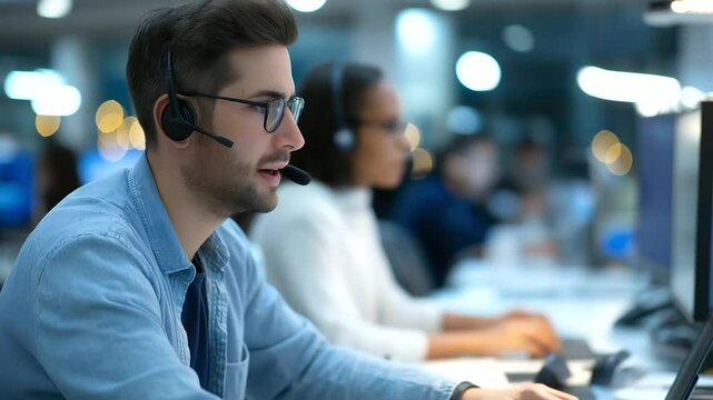 Busy call center office with employees actively tracking stock market trends on multiple screens.