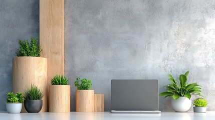 Modern Minimalist Home Workspace with Laptop and Potted Plants