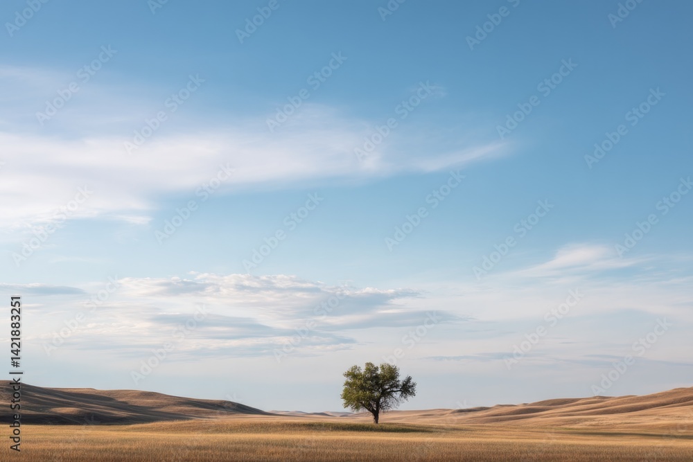 Poster capture serene landscape of national park with singular tree standing tall amidst vast open fields o