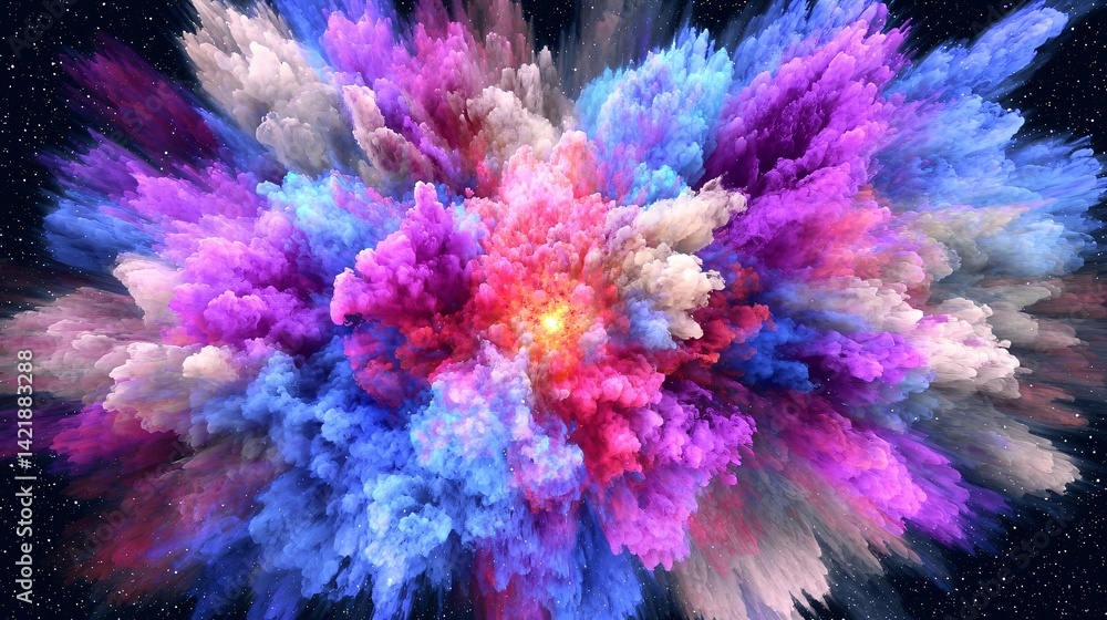 Poster vibrant and colorful explosion of colored powder creating a cosmic supernova effect with ambient lig
