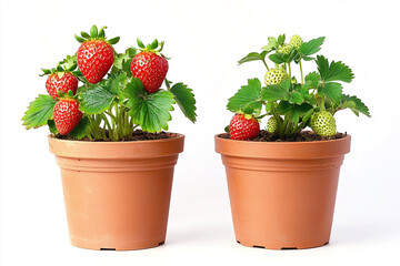 Fresh strawberry plants in pots with ripe and unripe on white background.