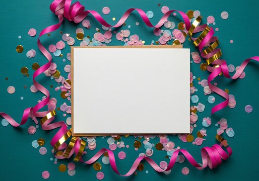 Blank card is surrounded by pink and gold streamers and round confetti on a teal background. Celebration concept for birthday, party, or holiday - Powered by Adobe