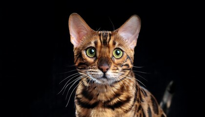 Striking Bengal Cat Portrait on Dark Backdrop Exhibiting Stunning Markings