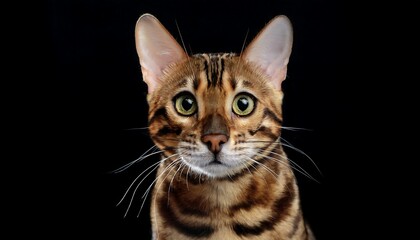 Portrait of a cute Bengal cat with expressive eyes on a black background