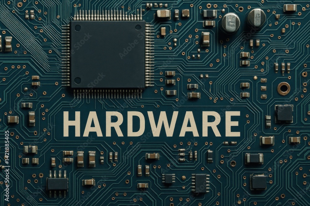 Poster close-up view of a printed circuit board showcasing intricate electronic components and the word 'ha