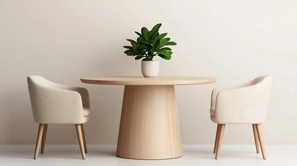 Minimalist Dining Area with Round Wooden Table, Potted Plant, and Two Chairs, Perfect for Small Spaces.