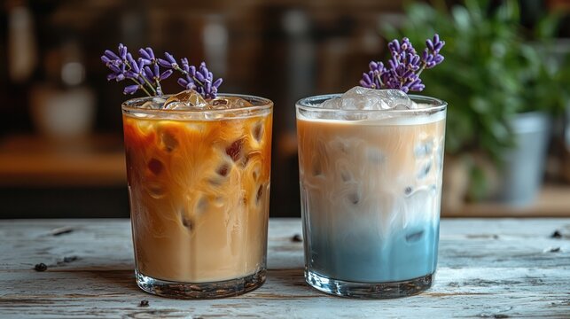 Iced coffee drinks with lavender, cafe setting