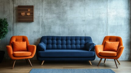 Modern Living Room Interior Design with Orange and Blue Sofas