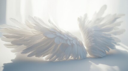 Naklejka premium Soft, fluffy white angel wings resting gently on a white surface, with intricate feather details.