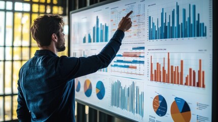 A project manager leads a business meeting with a detailed presentation, pointing at a whiteboard covered with charts and graphs