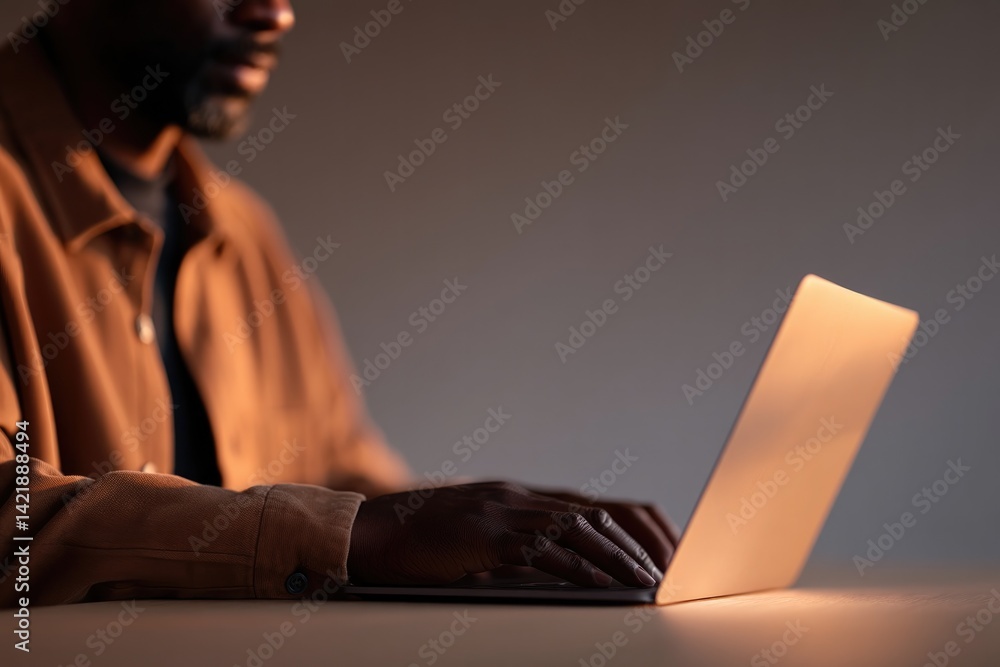 Poster close-up of person working remotely on laptop at minimalist desk highlighting single source of natur