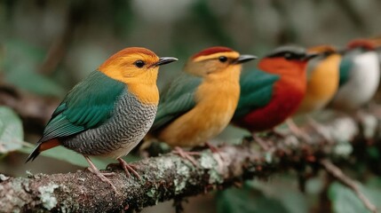 Colorful birds perched on a branch