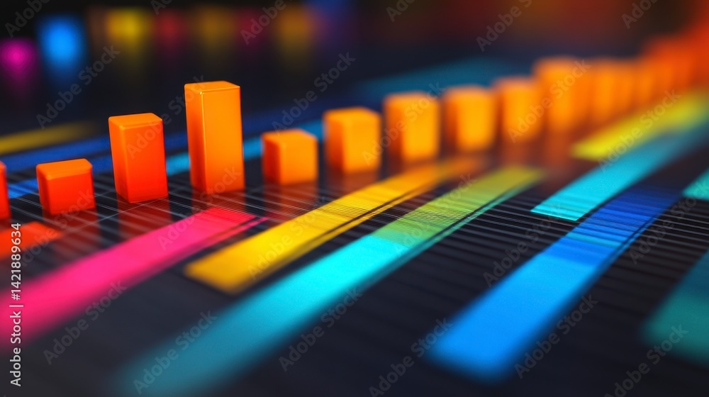 Poster abstract 3d rendering of colorful bars and lines representing data growth, vibrant colors on dark ba