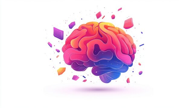 Abstract illustration of a brain disintegrating into colorful fragments against a white background.