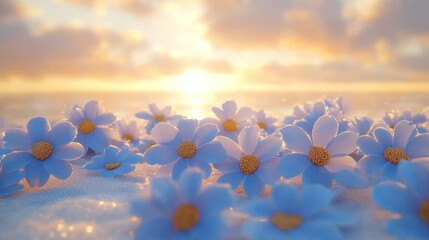 Blue flowers on beach at sunset.