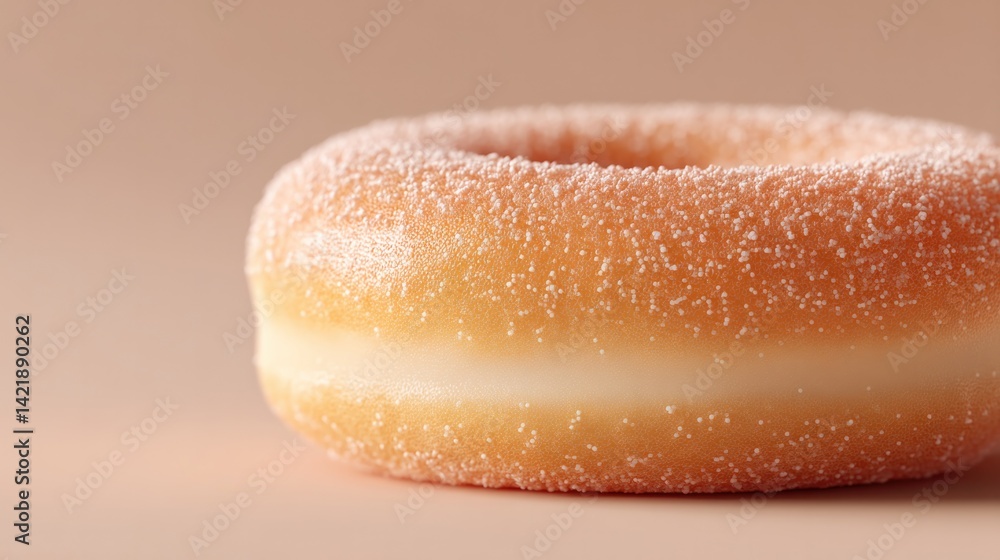 Poster close-up of single glazed donut placed against neutral background featuring ample copy space for tex