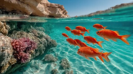 Coral reef teeming with orange fish