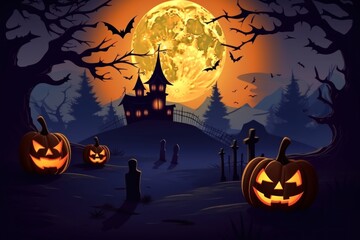 Halloween background with pumpkins, cemetery and castle. Spooky Halloween banner with a Copy Space. Halloween Background with Copy Space. 2d illustration for your design.