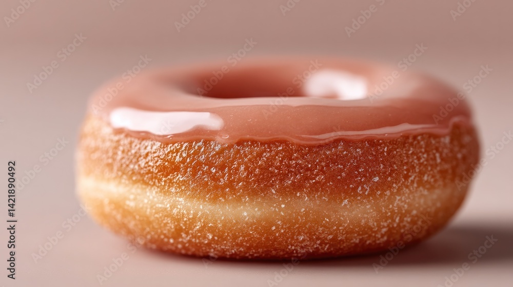 Aufkleber close-up of single glazed donut placed against neutral background featuring ample copy space for tex