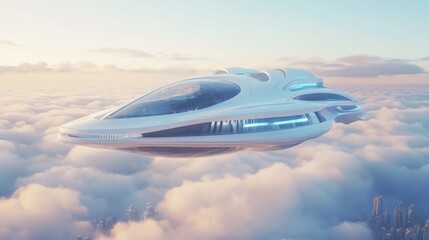 Futuristic aircraft is flying above the fluffy clouds over a city