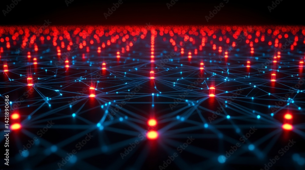 Aufkleber abstract digital network with glowing red and blue nodes and connections in dark background.