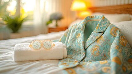 Teal patterned robe and sunglasses on a bed.