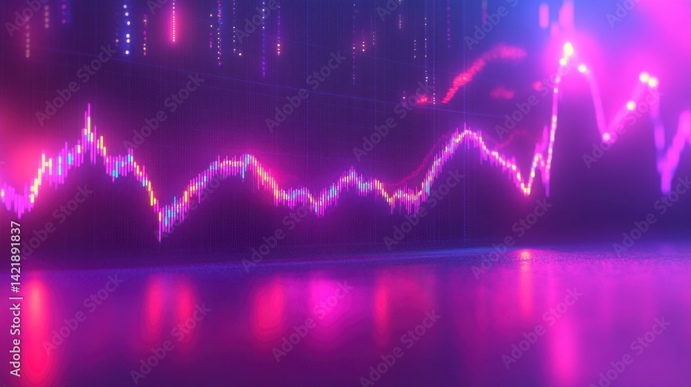Poster abstract glowing pink and purple digital data stream chart on dark background reflecting on floor.