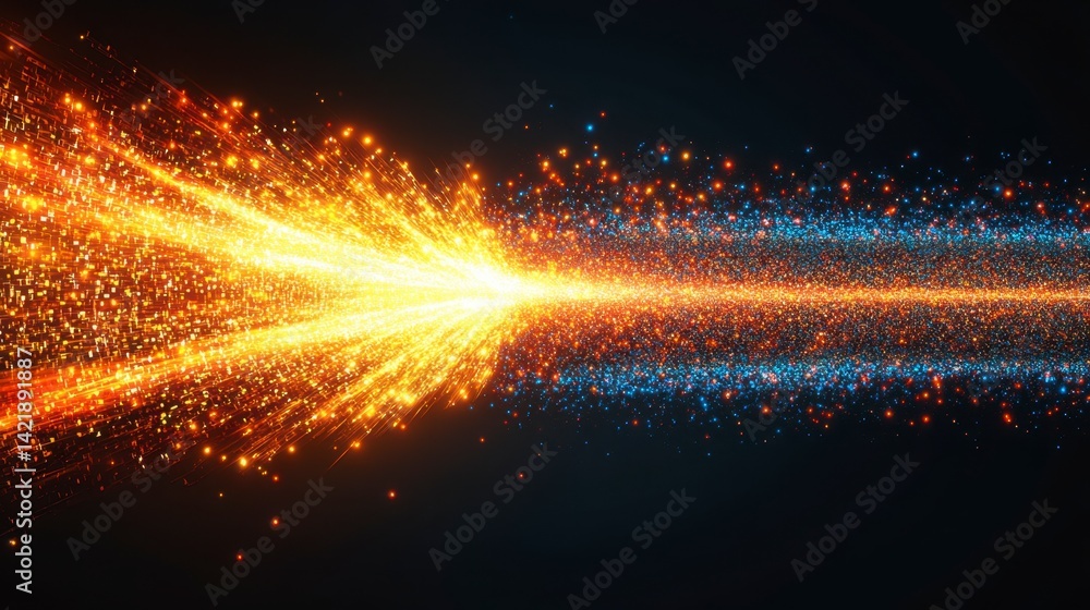 Poster abstract image of glowing particles, a burst of orange and yellow light transitioning into blue and 