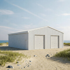 Obraz premium Coastal White Steel Garage: A pristine white steel garage with double doors stands majestically on a sandy beach, the ocean stretching out behind it. The building offers ample storage and a clean.