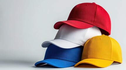 Stack of blank baseball caps in multiple colors, placed together on a white surface.