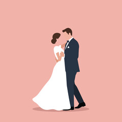 Bride and groom embracing in wedding dance illustration with elegant attire on soft pink background 