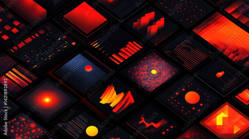 Poster abstract background with red and black pixelated squares displaying various data visualizations and 