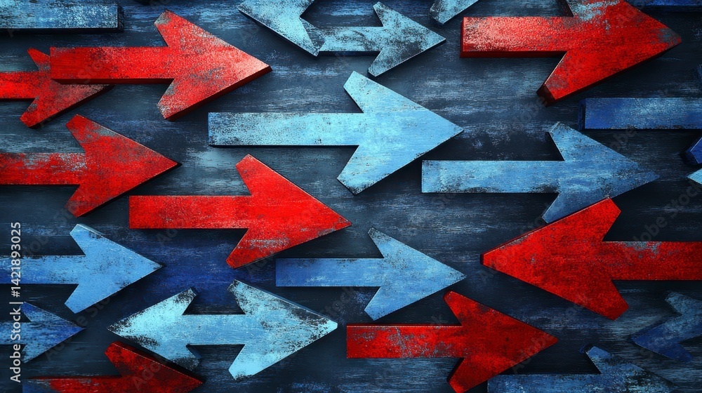 Poster abstract background with red and blue arrows on a dark textured surface. arrows point in various dir