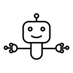 Line art presents simple robot. Rounded body, head with antenna, plus outstretched arms. Design evokes automation, futuristic technology, or artificial intelligence