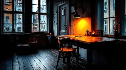 Dark, cozy interior with wooden table