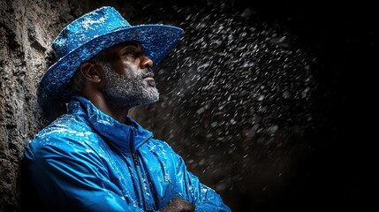 Man in blue jacket, snowy landscape, contemplative pose
