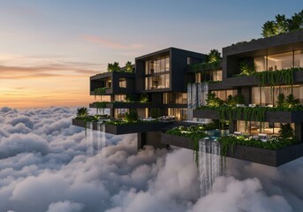Obraz premium Luxury sky mansion: Modern architecture with cascading waterfalls above clouds