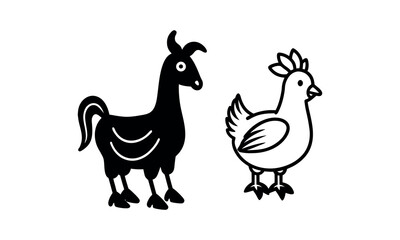 Farm animals  set - cute Goat, Chicken, Rooster and Duck, simple thick lines kids or children cartoon coloring book pages.