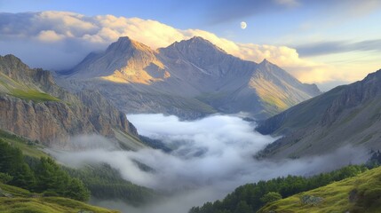 Majestic Mountain Range in a Misty Valley