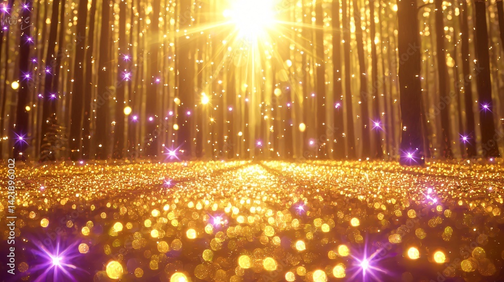 Aufkleber radiant bright yellow light filtering through lush trees creating a surreal dreamlike environment wi