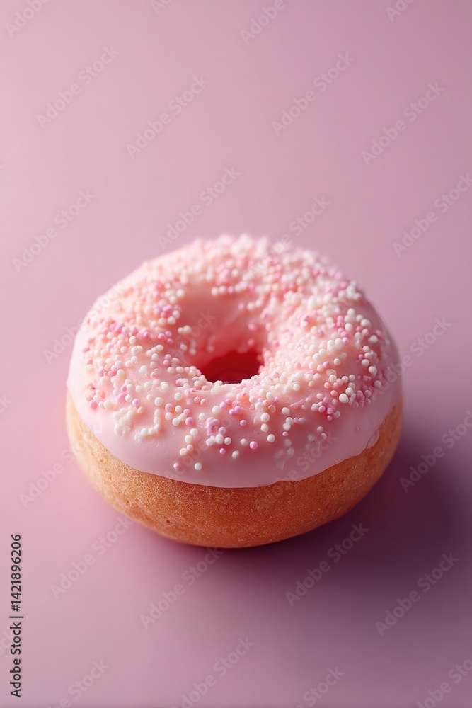 Poster donut sits on smooth solid color backdrop showcasing its tempting icing with sprinkles minimalistic 
