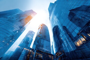 Tall buildings reach towards the sky with bright light shining through.