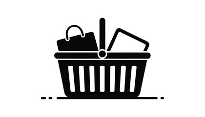 Shopping Basket Icon with Groceries and Bags Black Silhouette Vector