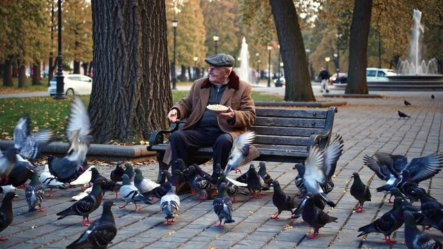 Old man feeding pegions in the park