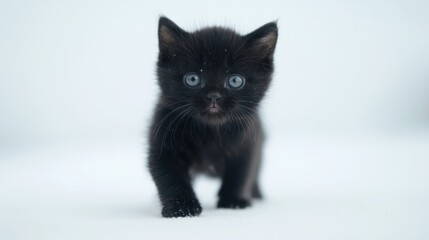 Tiny black kitten with a shiny coat and bright eyes, captured in a portrait against white.