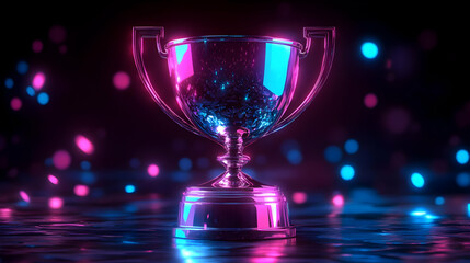Pink and Blue Neon Glowing Trophy on Dark Background