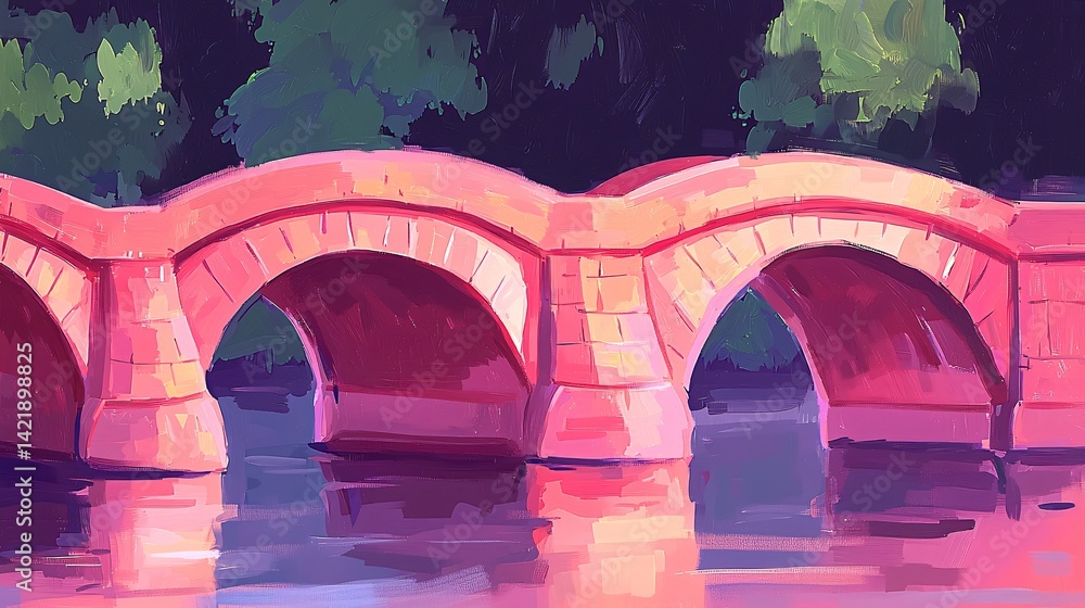 Poster shadowy bridge majestically arched over an enigmatic landscape in a surreal dreamlike setting with m